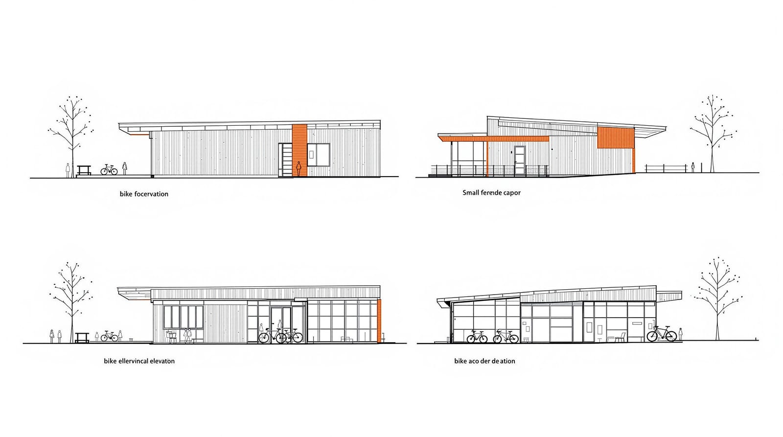Elevations: a low monopitch roof with a deep overhang, timber cladding, a long window wall.