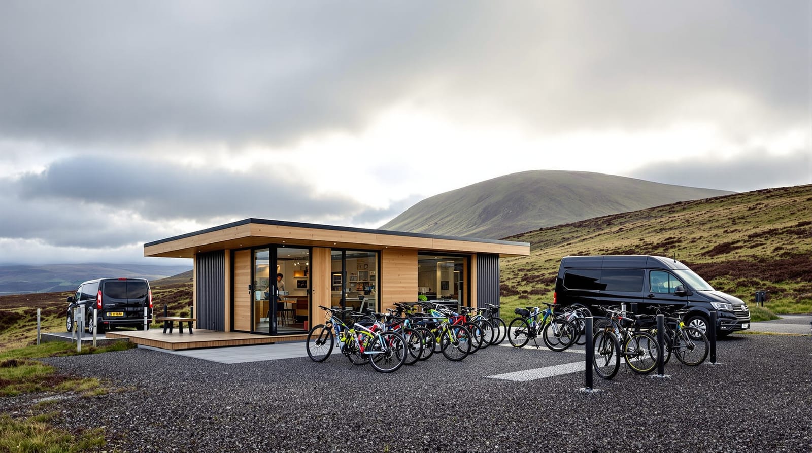 The hub on the hillside: timber, glass on the valley side, bikes on the rack outside.
