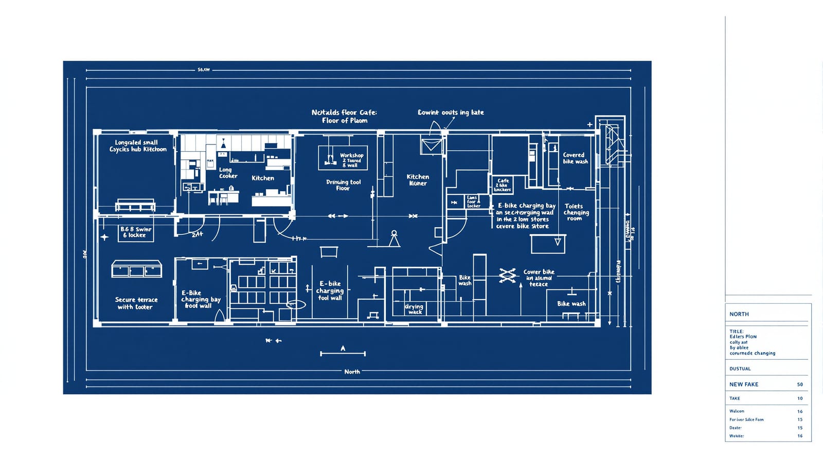 Floor plan: café, kitchen, workshop, charging bay, bike store, changing room, terrace.