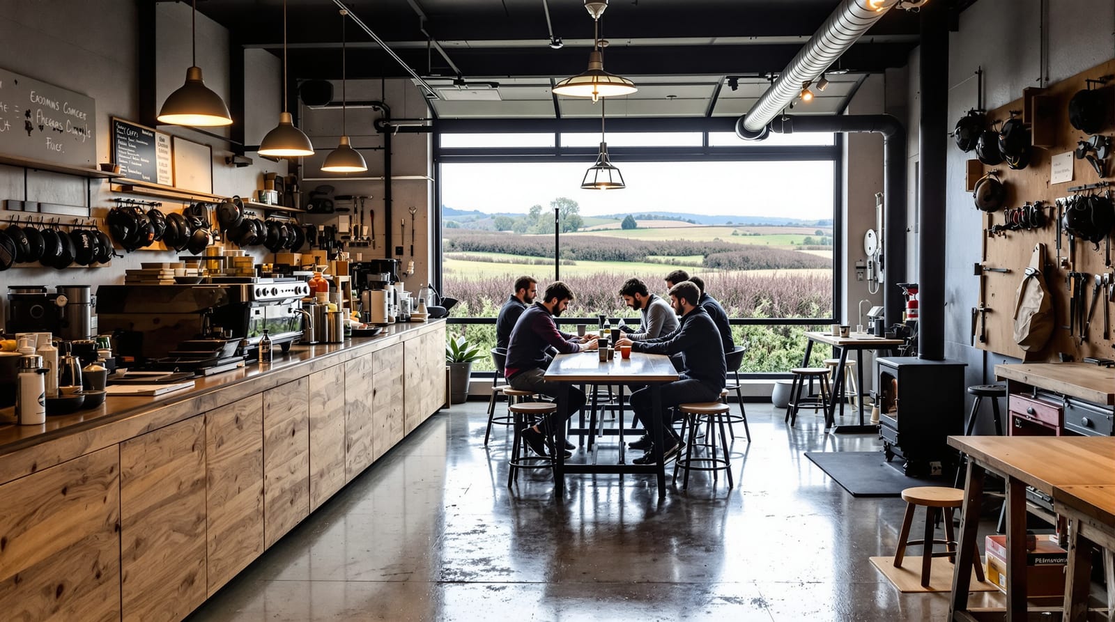 Inside: the counter, a long table by the window, the workshop at the far end.