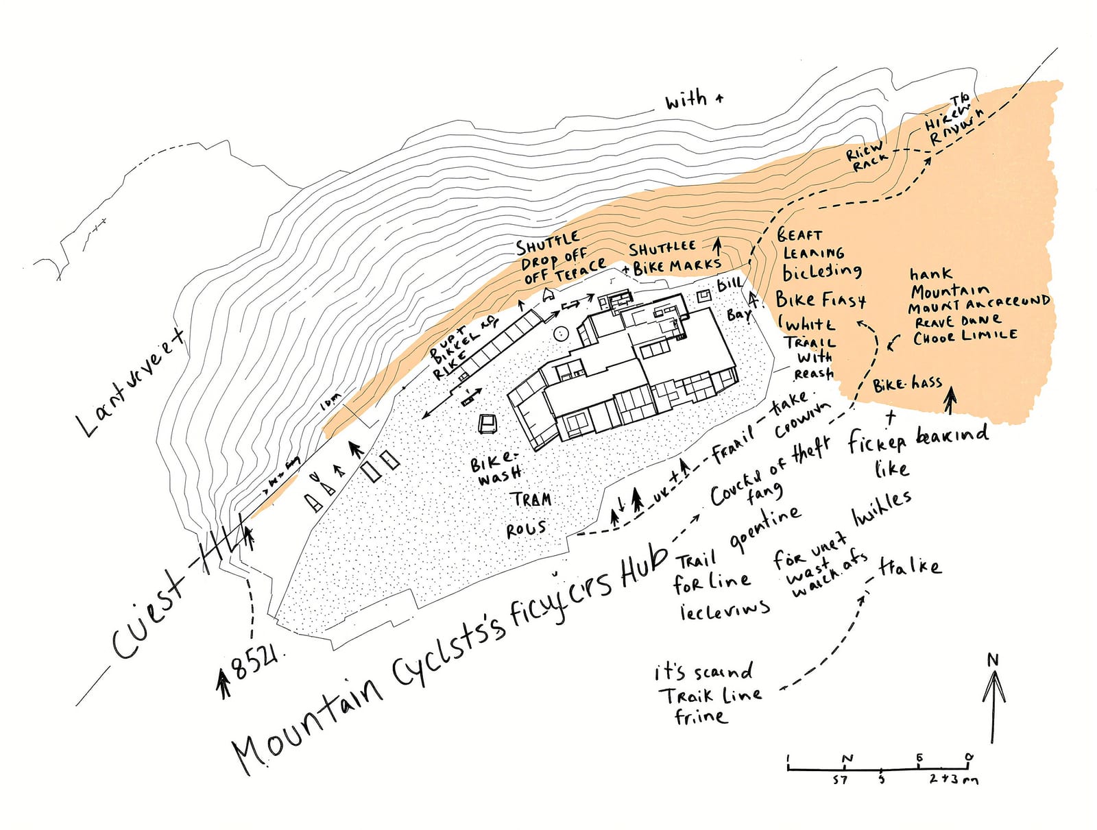 The site: the road, the drop-off bay, the forecourt, and the trail out into the hills.