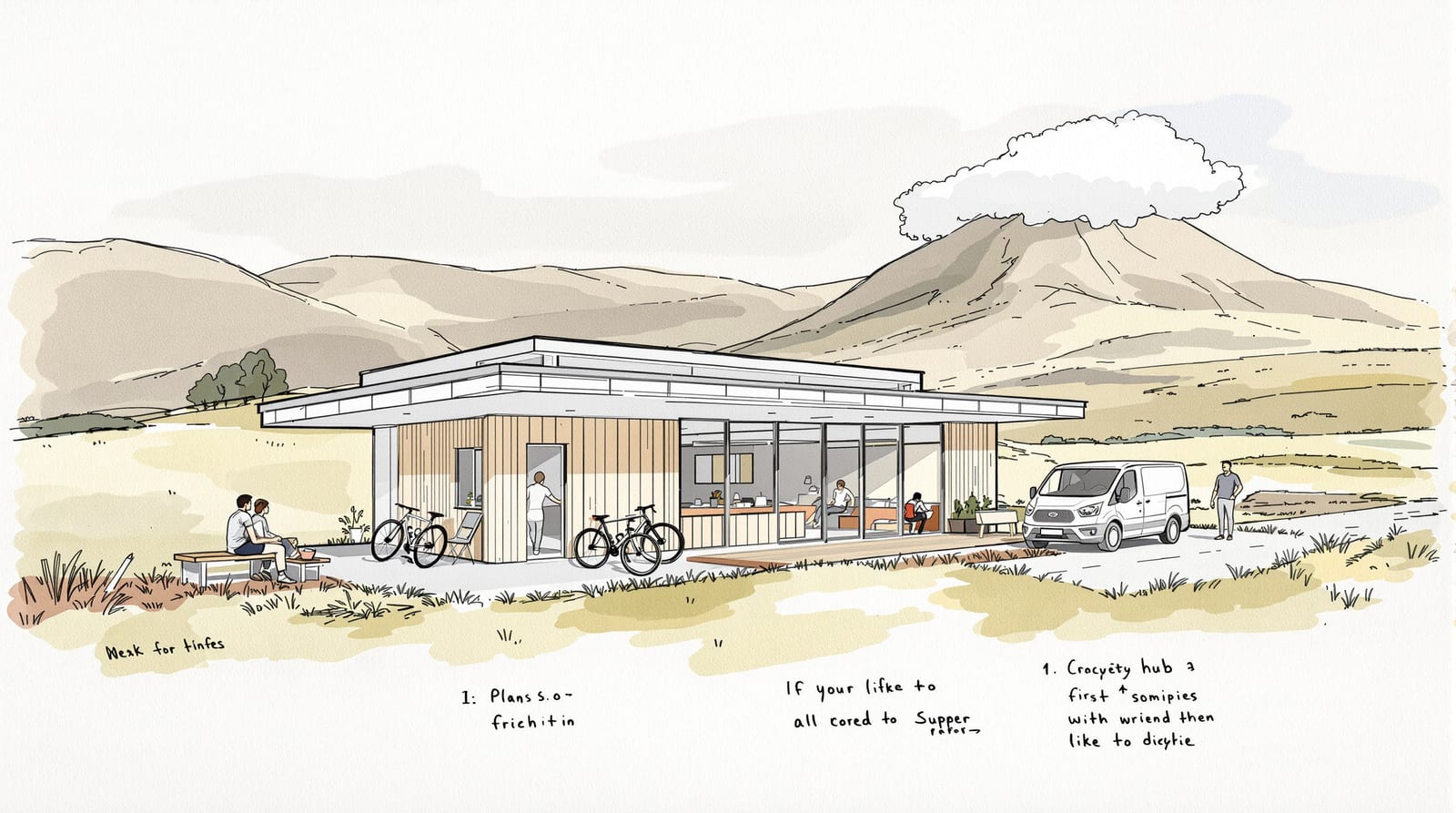 An early sketch of the hub, with the van dropping riders at the road.