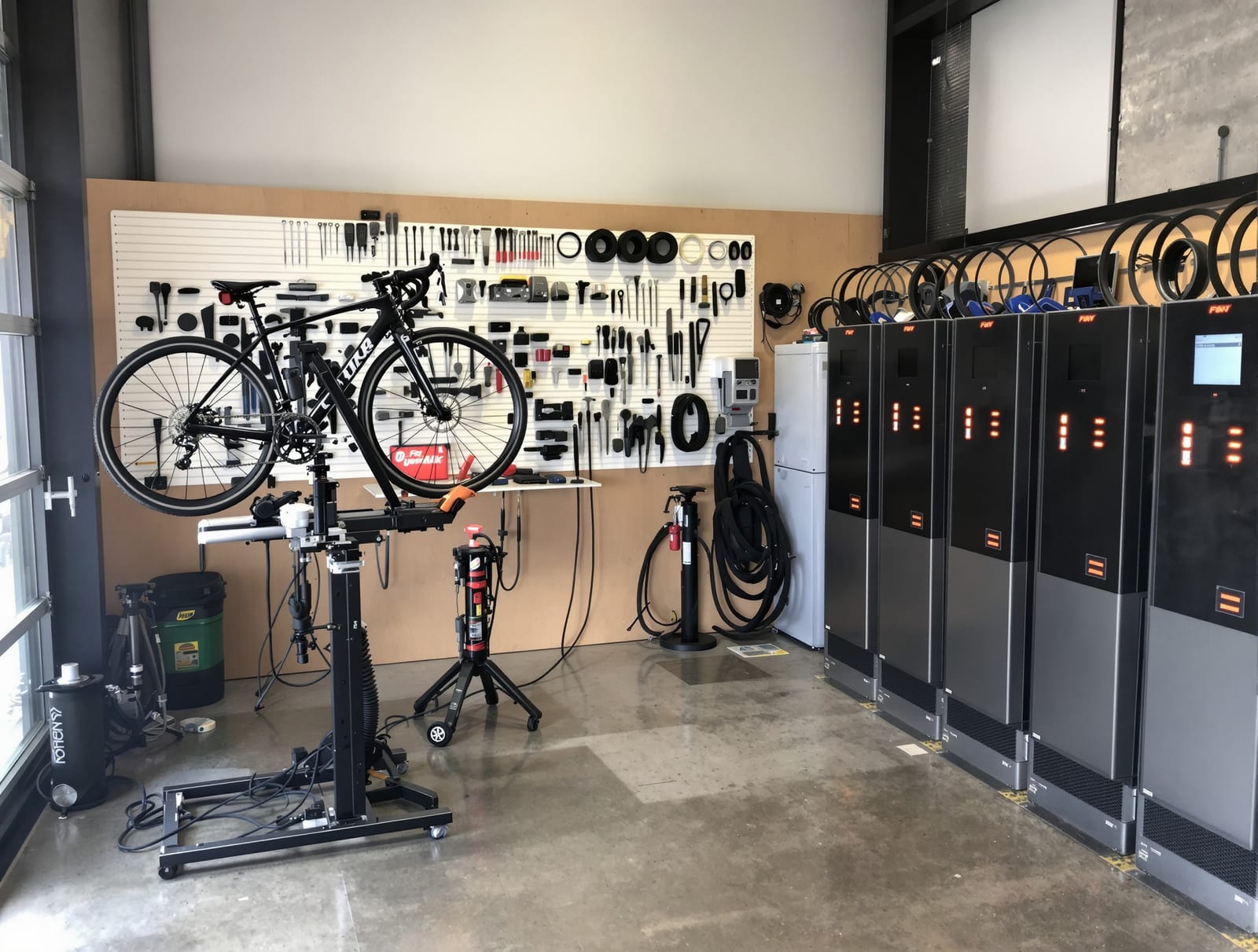 The workshop corner: two stands, a tool wall, and six charging bays for e-bike batteries.