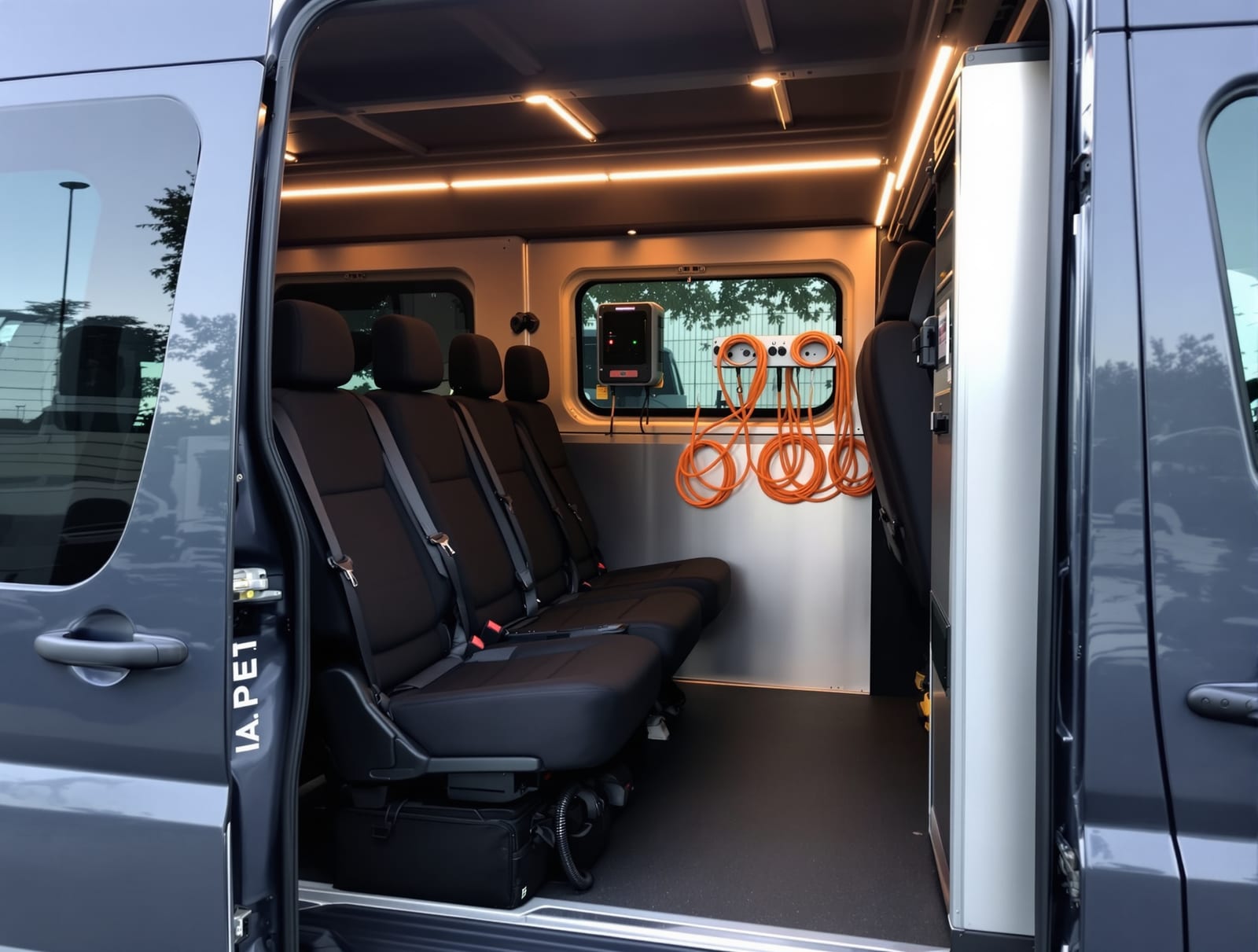 Through the side door: four seats facing back, back to back with the cab, the charger on the bulkhead, the bikes beyond.