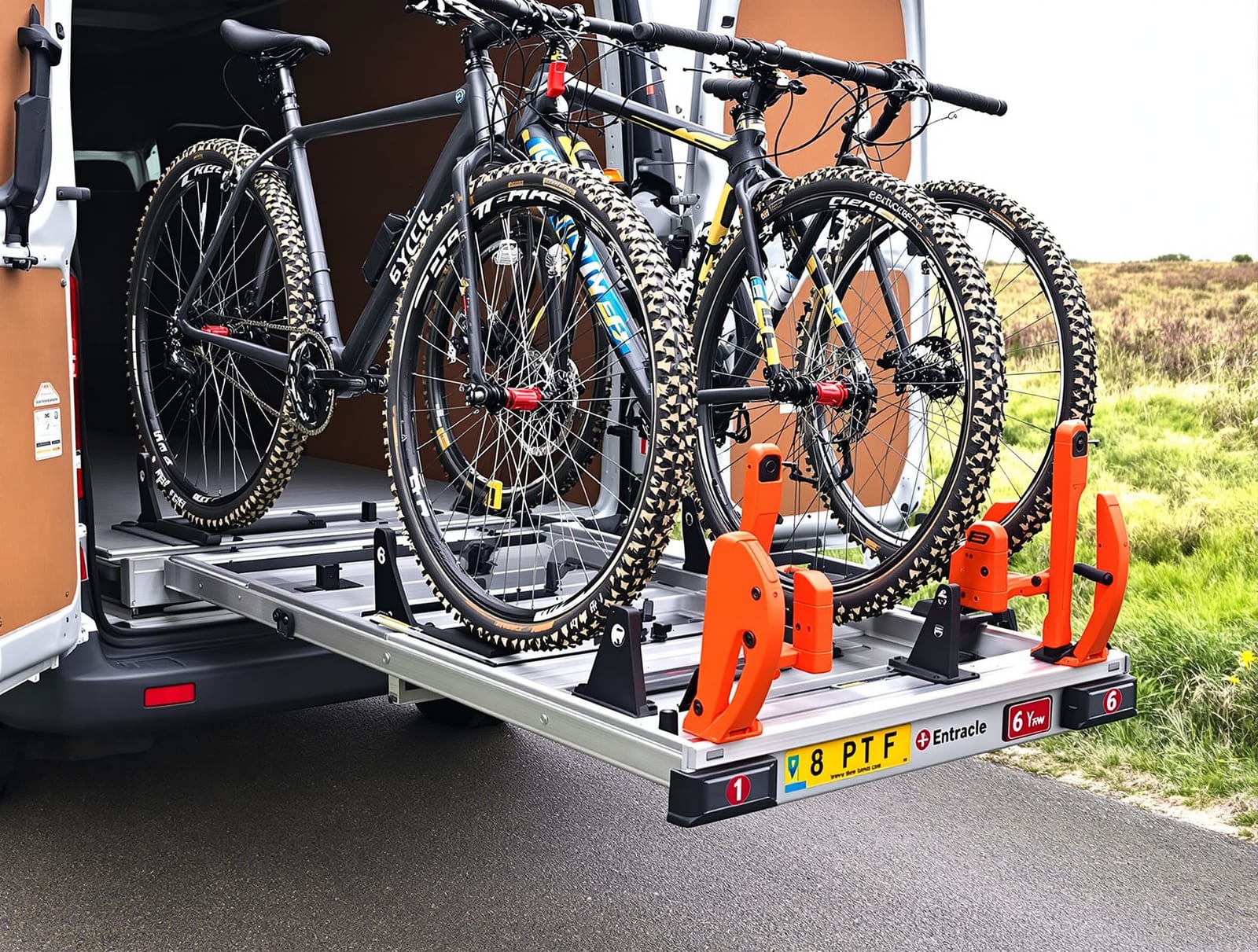 The rack: two rows of three, all facing forward, on telescopic rails that run out through the rear doors.